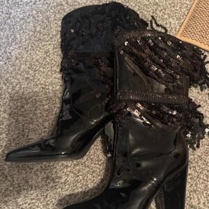 Black patent leather knee high boots with sequin fringe #kneehighboots